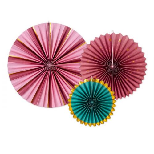 Paper fans roze/groen/goud (3 st)