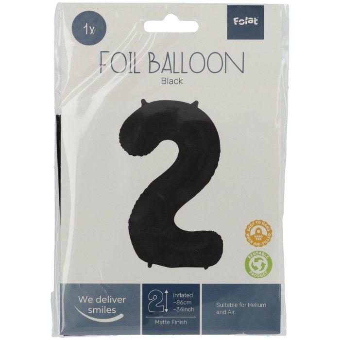 Folieballon cijfer 2 mat zwart (86cm)