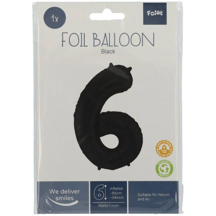 Folieballon cijfer 6 mat zwart (86cm)