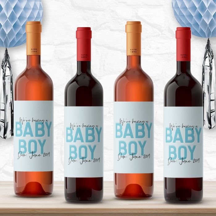 Wijnfles etiketten gender reveal baby boy