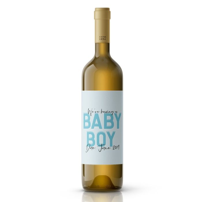 Wijnfles etiketten gender reveal baby boy