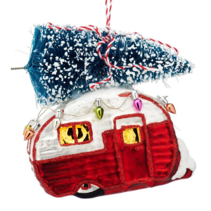 Kersthanger rode caravan met kerstboom