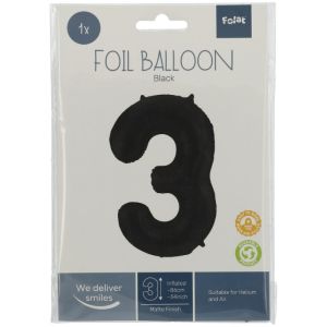 Folieballon cijfer 3 mat zwart (86cm)