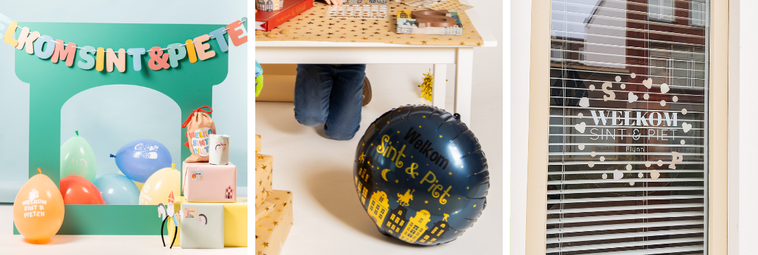 Welkom Sint en Pieten slinger. Folie ballon met Welkom Sint & Piet tekst. Raamstickers in Sinterklaas thema.